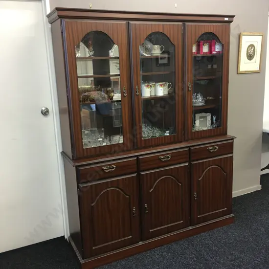 Mahogany Effect 2Pce Wall Unit, 3 Glass Doors, H187 W150 D40cm