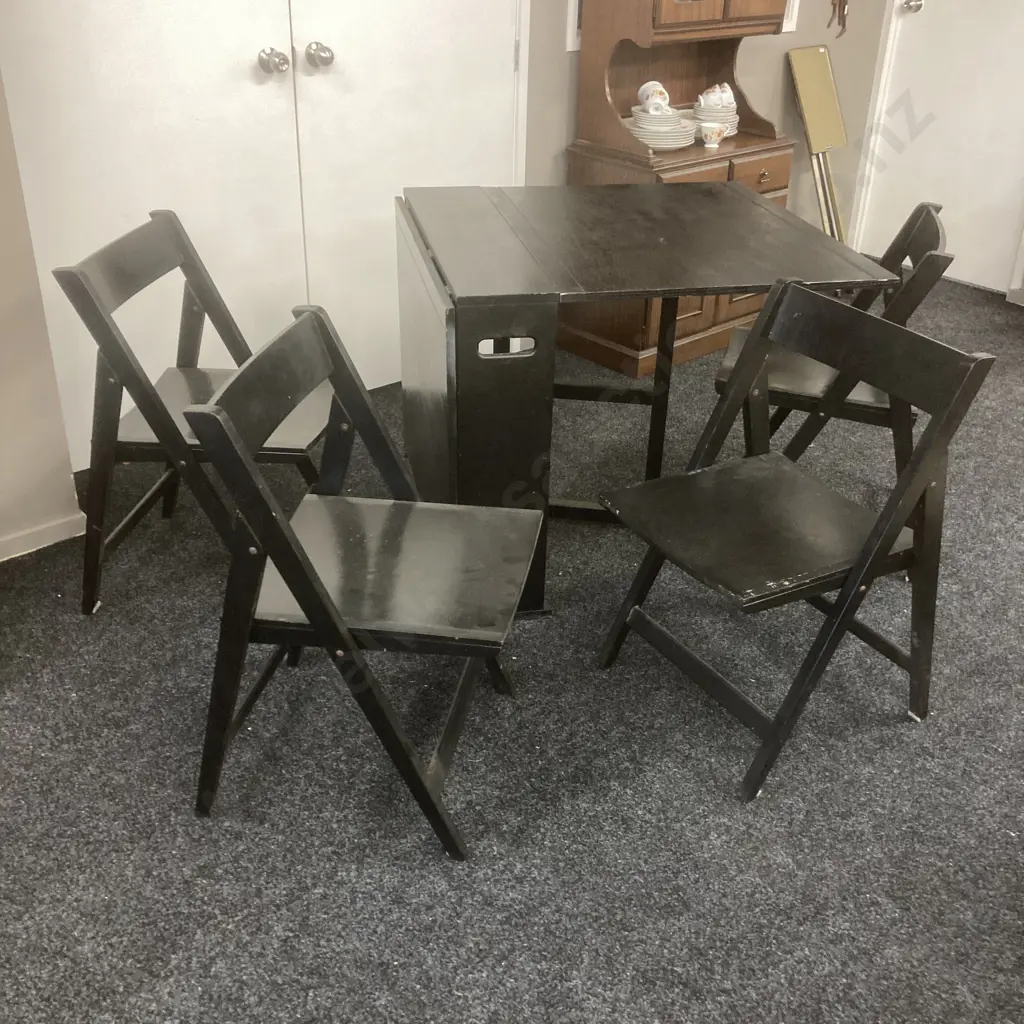 Black Painted Mid Century Modern Gateleg Dining Table With 4 Folding Chairs, H78 W92 D170cm Image 1++