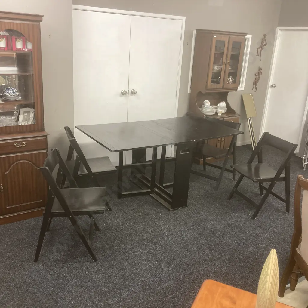 Black Painted Mid Century Modern Gateleg Dining Table With 4 Folding Chairs, H78 W92 D170cm Image 1++