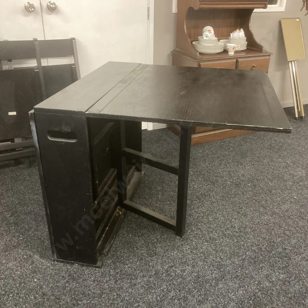 Black Painted Mid Century Modern Gateleg Dining Table With 4 Folding Chairs, H78 W92 D170cm Image 1++