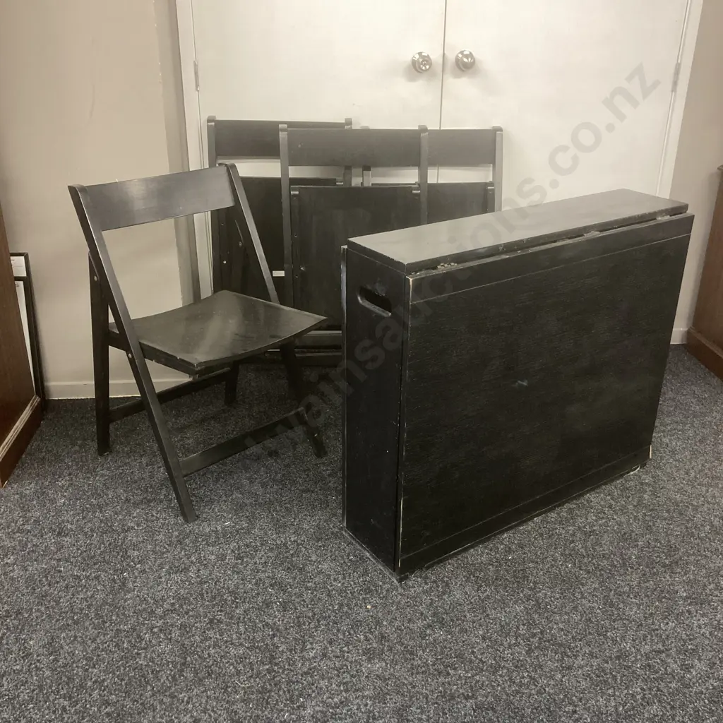 Black Painted Mid Century Modern Gateleg Dining Table With 4 Folding Chairs, H78 W92 D170cm Image 1++