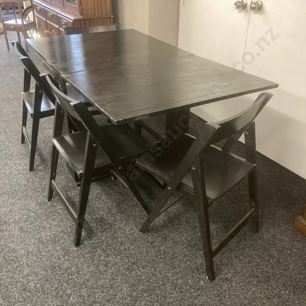 Black Painted Mid Century Modern Gateleg Dining Table With 4 Folding Chairs, H78 W92 D170cm Image 1++