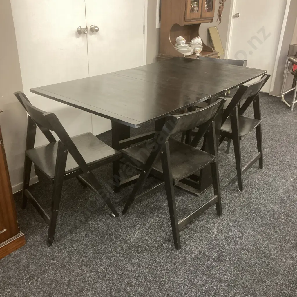 Black Painted Mid Century Modern Gateleg Dining Table With 4 Folding Chairs, H78 W92 D170cm Image 1++