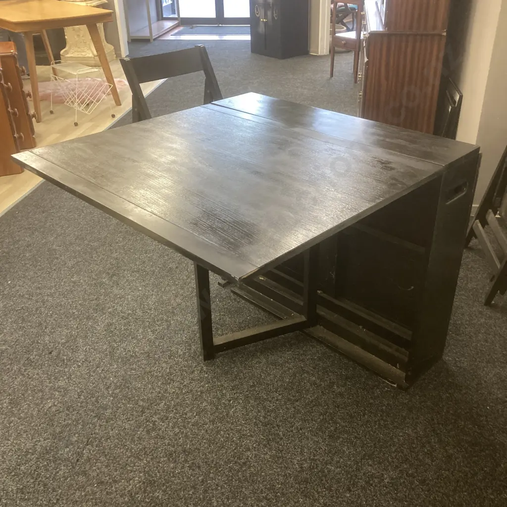 Black Painted Mid Century Modern Gateleg Dining Table With 4 Folding Chairs, H78 W92 D170cm Image 1++