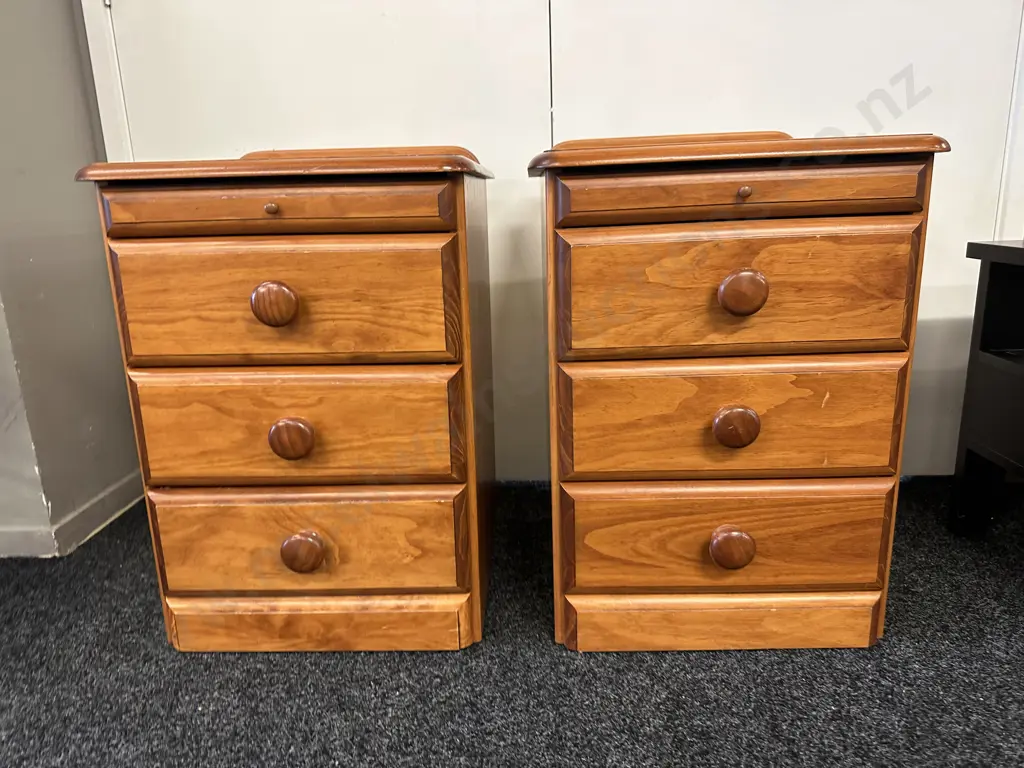 Pair of Pine Bedsides, 3 Drawer & Night Tray, Round Knob Handles, Funnells Furniture, H65 W48 D46cm Image 1++