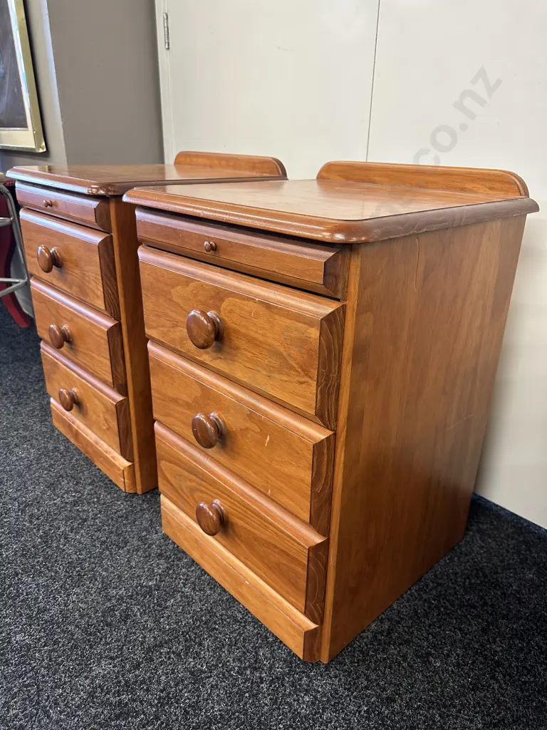 Pair of Pine Bedsides, 3 Drawer & Night Tray, Round Knob Handles, Funnells Furniture, H65 W48 D46cm Image 1++