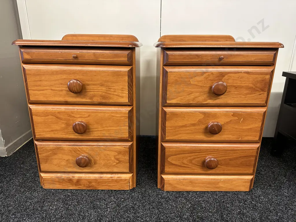 Pair of Pine Bedsides, 3 Drawer & Night Tray, Round Knob Handles, Funnells Furniture, H65 W48 D46cm Image 1++