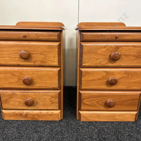 Pair of Pine Bedsides, 3 Drawer & Night Tray, Round Knob Handles, Funnells Furniture, H65 W48 D46cm