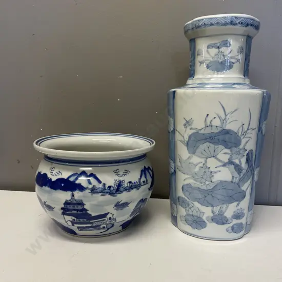 Decorative Blue and White Ceramic Vase H35cm and Jardinere H15cm Dia21cm