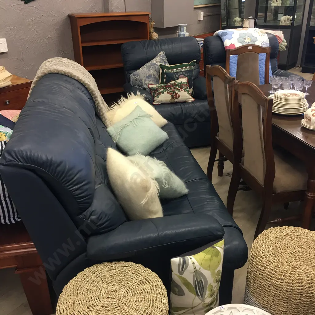 Blue Leather Effect 3 Seater Sofa With 2 Recliner Chairs Image 1++