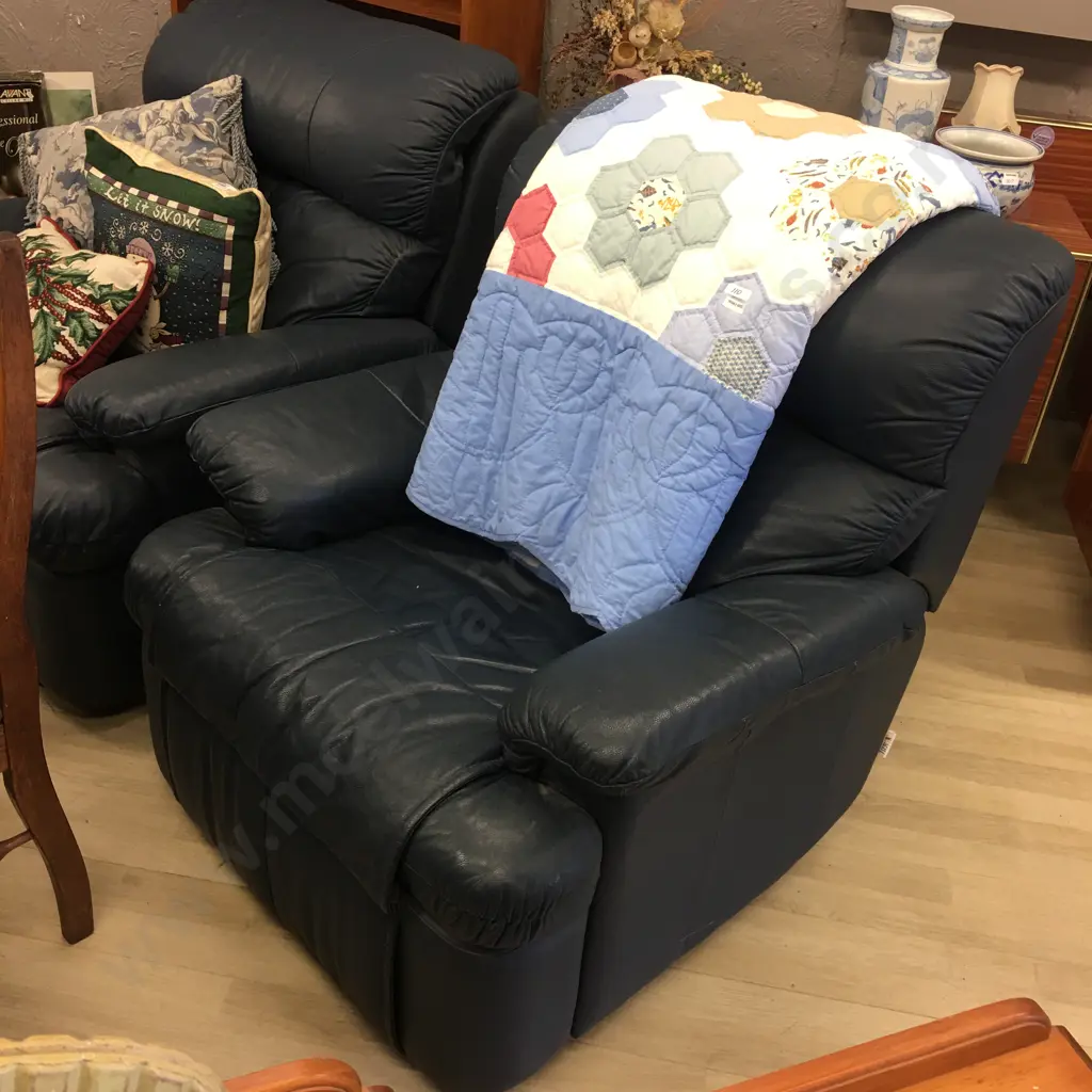 Blue Leather Effect 3 Seater Sofa With 2 Recliner Chairs Image 1++