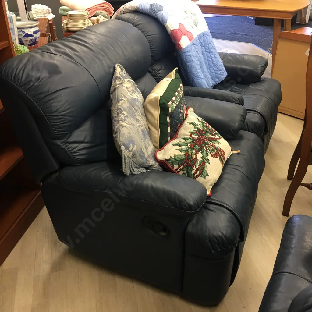 Blue Leather Effect 3 Seater Sofa With 2 Recliner Chairs Image 1++