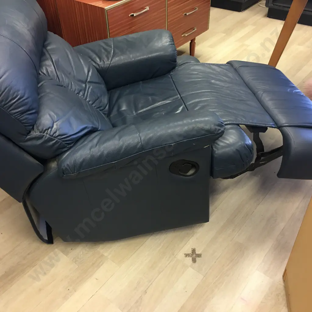 Blue Leather Effect 3 Seater Sofa With 2 Recliner Chairs Image 1++