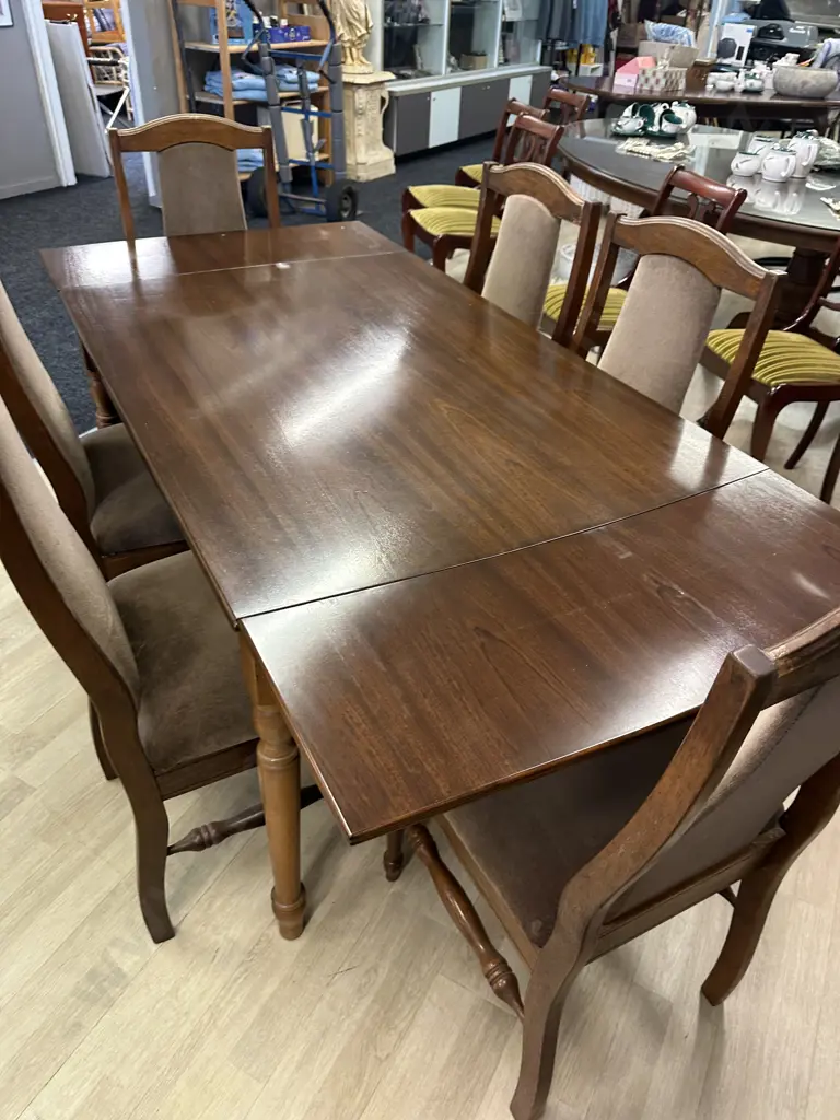 Mahogany Rectangular Extension Table With 6 Mushroom Colour Fabric Dining Chairs, Image 1++