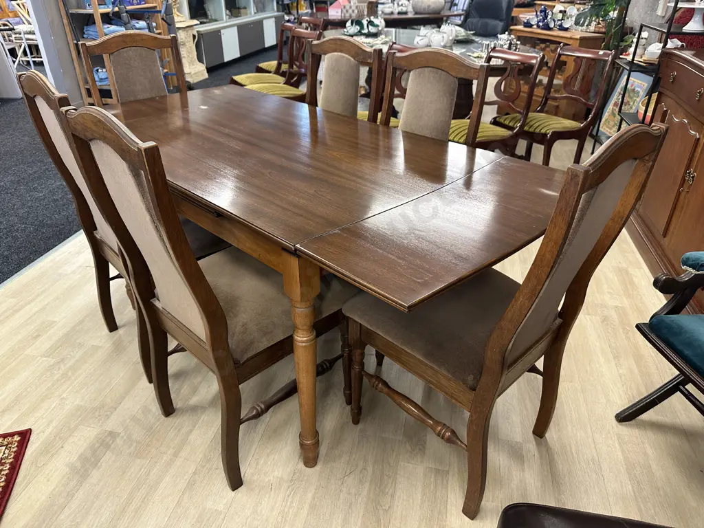 Mahogany Rectangular Extension Table With 6 Mushroom Colour Fabric Dining Chairs, Image 1++