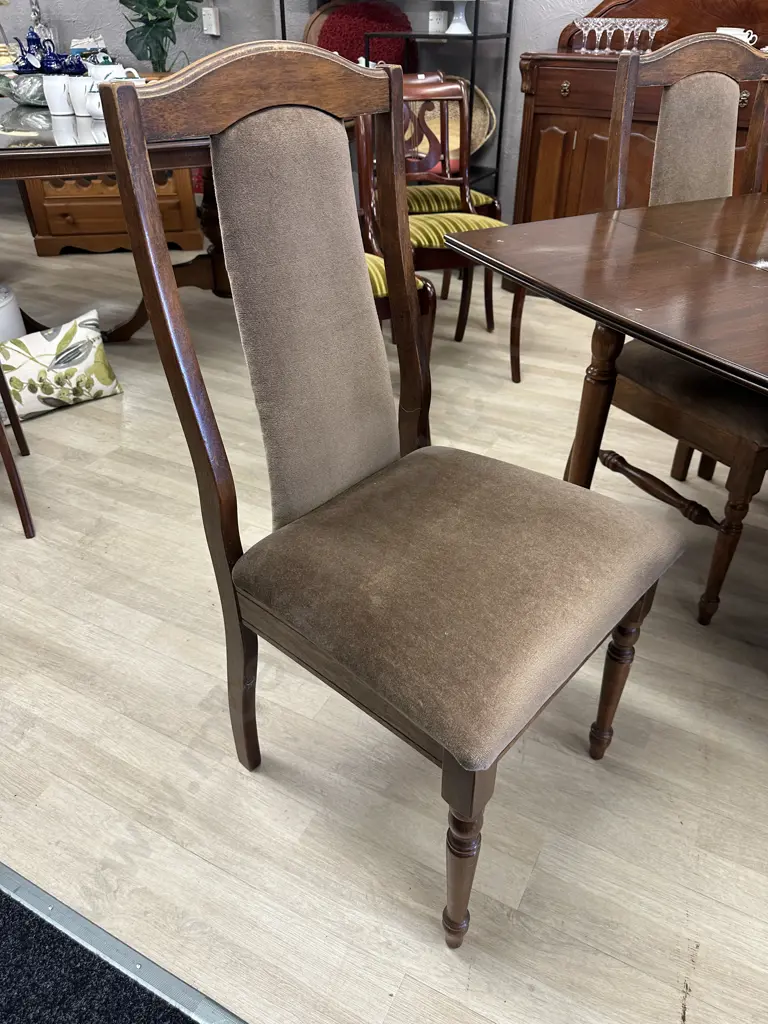 Mahogany Rectangular Extension Table With 6 Mushroom Colour Fabric Dining Chairs, Image 1++