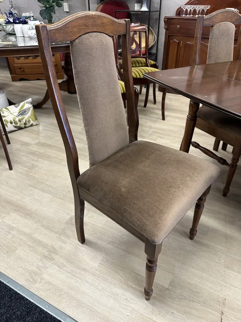 Mahogany Rectangular Extension Table With 6 Mushroom Colour Fabric Dining Chairs, Image 1++