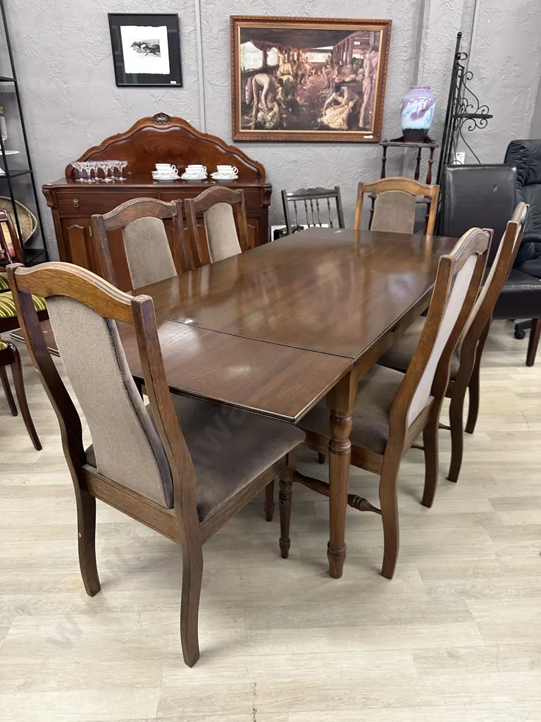 Mahogany Rectangular Extension Table With 6 Mushroom Colour Fabric Dining Chairs, Image 1++