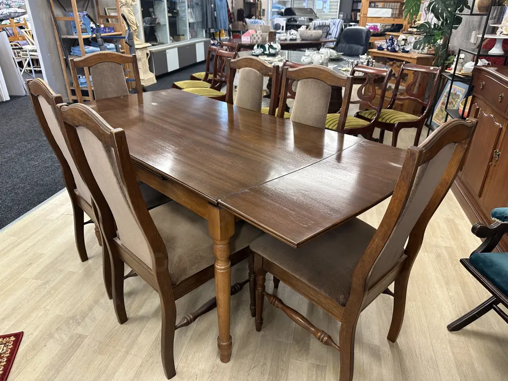 Mahogany Rectangular Extension Table With 6 Mushroom Colour Fabric Dining Chairs, Image 1++