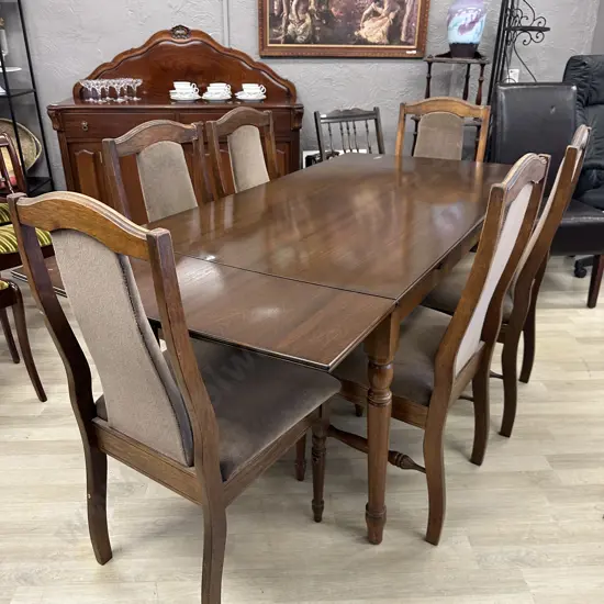 Mahogany Rectangular Extension Table With 6 Mushroom Colour Fabric Dining Chairs,