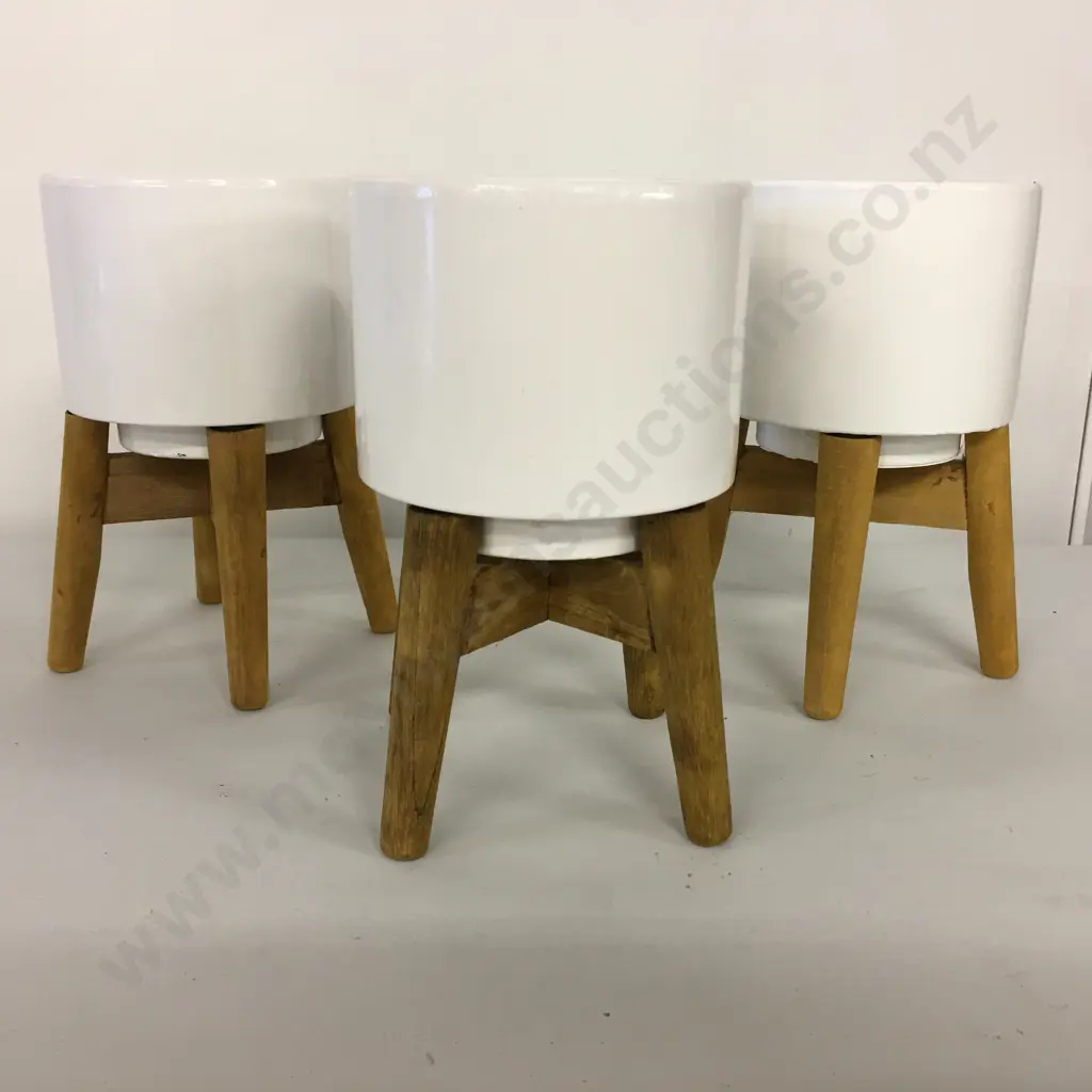 White Mini Planter Pots & Wooden Stands x3 Image 1++