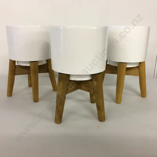 White Mini Planter Pots & Wooden Stands x3