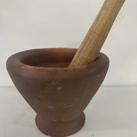 Thai & Laos Kruk Grinding Earthenware Clay Mortar with Palm Wooden Pestle, 15 x 20.5cm
