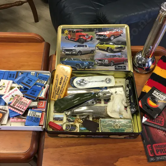 Vintage Items In Tin, Torch, Matchbooks Etc