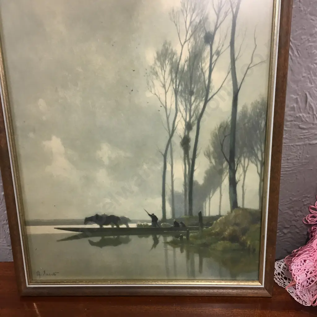 Framed Artwork Signed A. Jacob of Horses On a Barge, 49 x 36cm Image 1++
