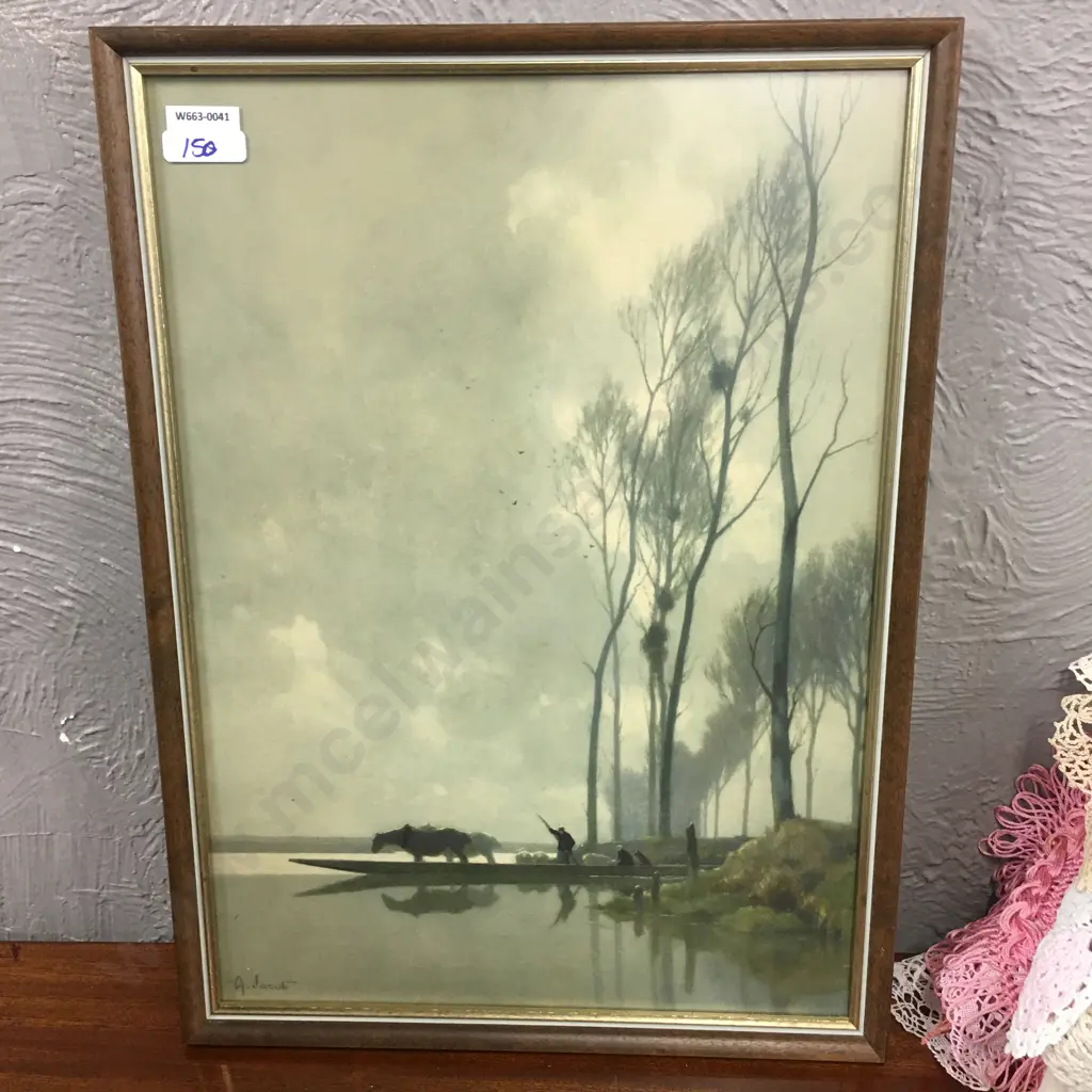 Framed Artwork Signed A. Jacob of Horses On a Barge, 49 x 36cm Image 1++