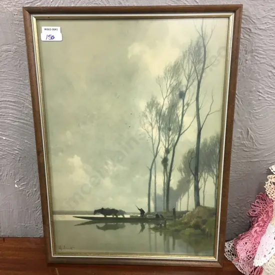 Framed Artwork Signed A. Jacob of Horses On a Barge, 49 x 36cm