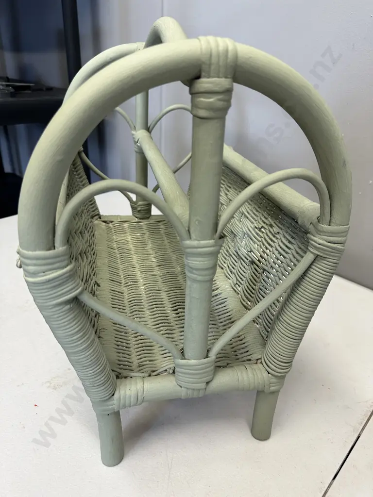 Green Painted Cane Handled Magazine Rack Image 1++