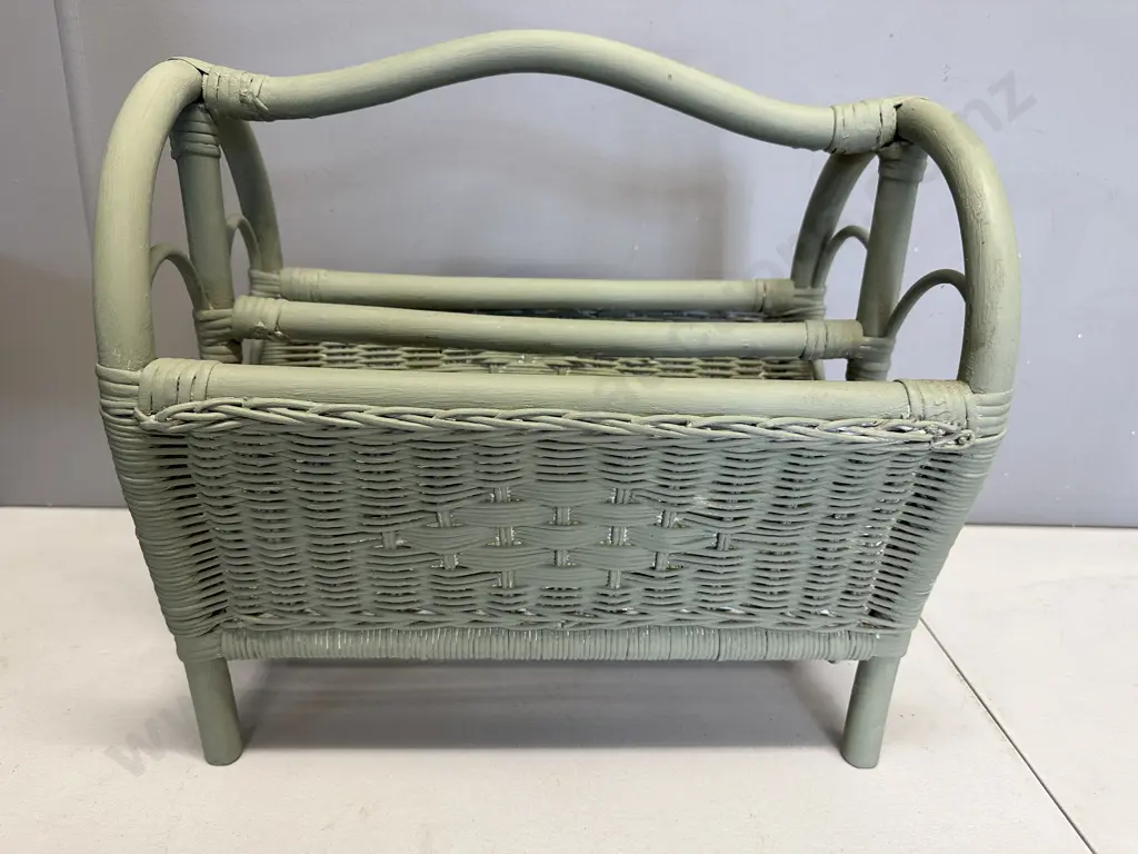 Green Painted Cane Handled Magazine Rack Image 1++
