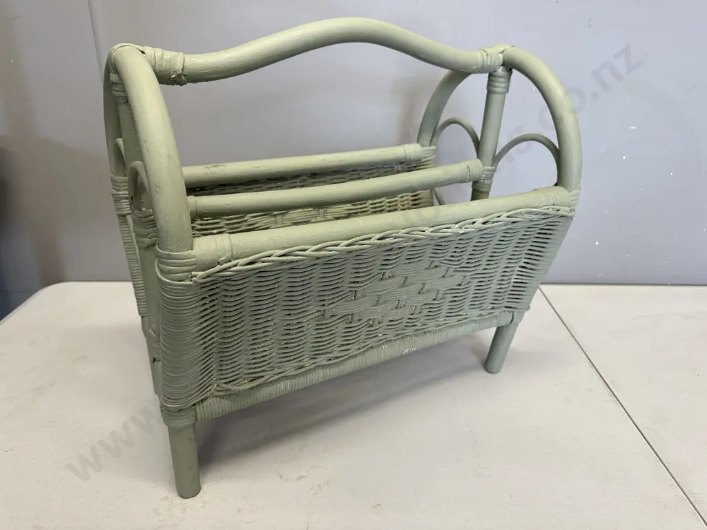 Green Painted Cane Handled Magazine Rack Image 1++