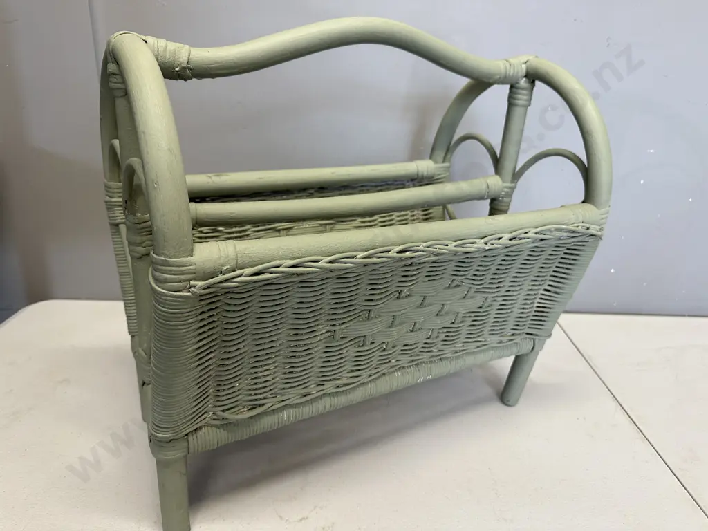 Green Painted Cane Handled Magazine Rack Image 1++
