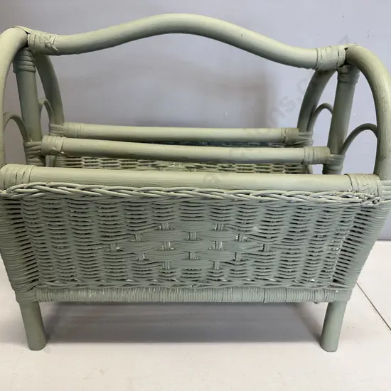 Green Painted Cane Handled Magazine Rack