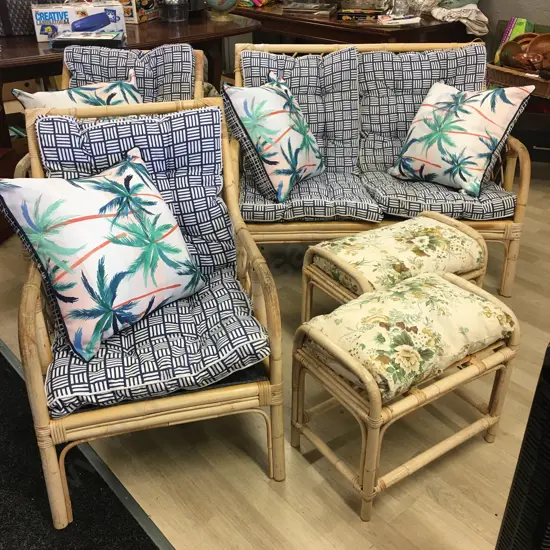 Cane 2 Seater Couch, 2 Chairs & 2 Footstools