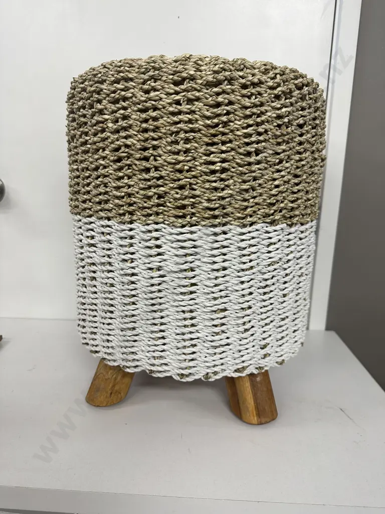 Bria Round Basket Weave Stool. Woven Grass & Coconut Image 1++