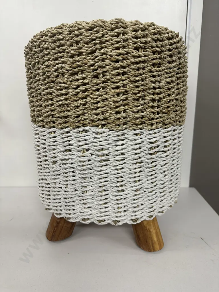 Bria Round Basket Weave Stool. Woven Grass & Coconut Image 1++