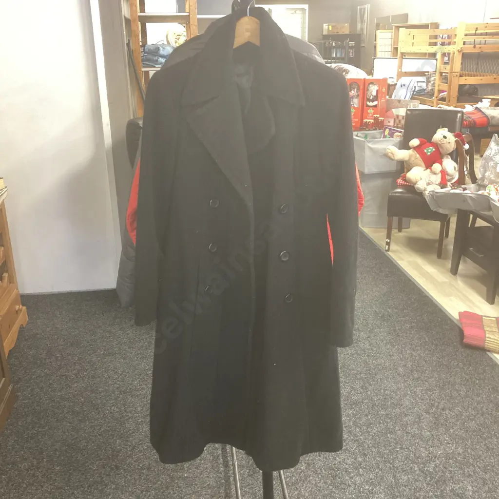 Black Wool & Cashmere Long Coat, Made In Italy, Sz 10 Image 1++