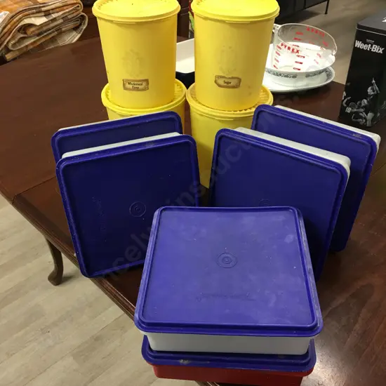 Selection Of Tupperware Items Including Six Square & Four Yellow Cannisters