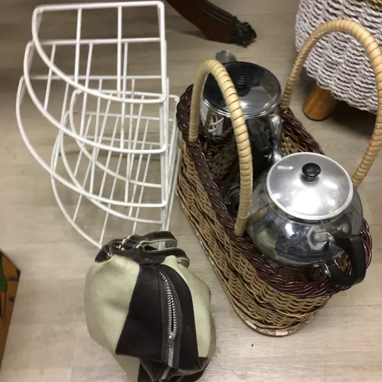 Retro Basket, Electric Jug, Teapot, Plate Stands Etc