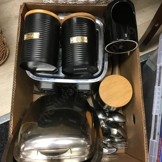 Anko Toaster, Assorted Cutlery, Tea, Coffee Canisters Etc