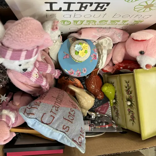 Box Lot Artwork, Jewellery Box Etc