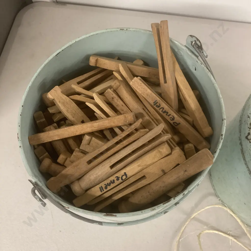 Bucket of Wooden Pegs & String In Container Image 1++