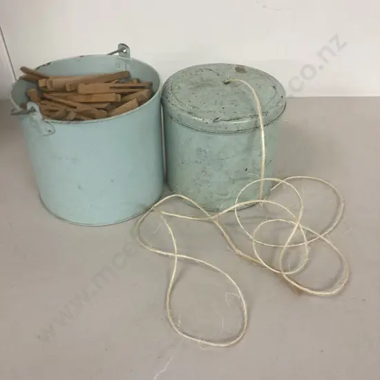 Bucket of Wooden Pegs & String In Container