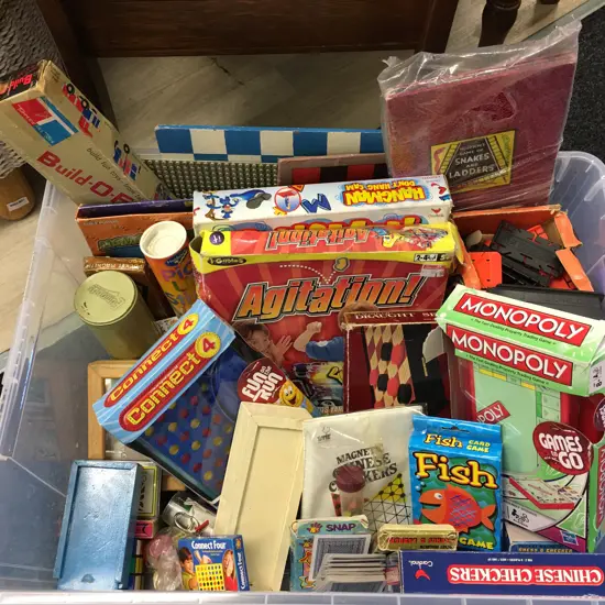 Clear Bin Of Vintage Games Including Hangman, Connect $, Fish Etc