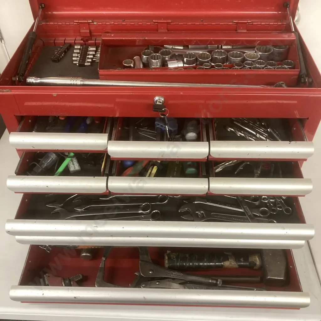Red Steel Repco 9 Drawer & Top Tray Tool Chest With Tools, Two Keys, H43 W66 D31cm, Image 1++