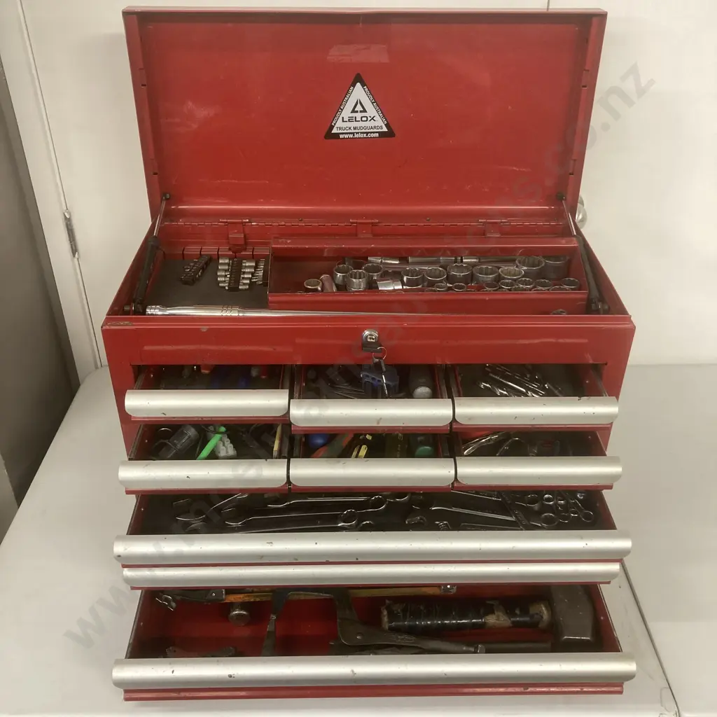 Red Steel Repco 9 Drawer & Top Tray Tool Chest With Tools, Two Keys, H43 W66 D31cm, Image 1++