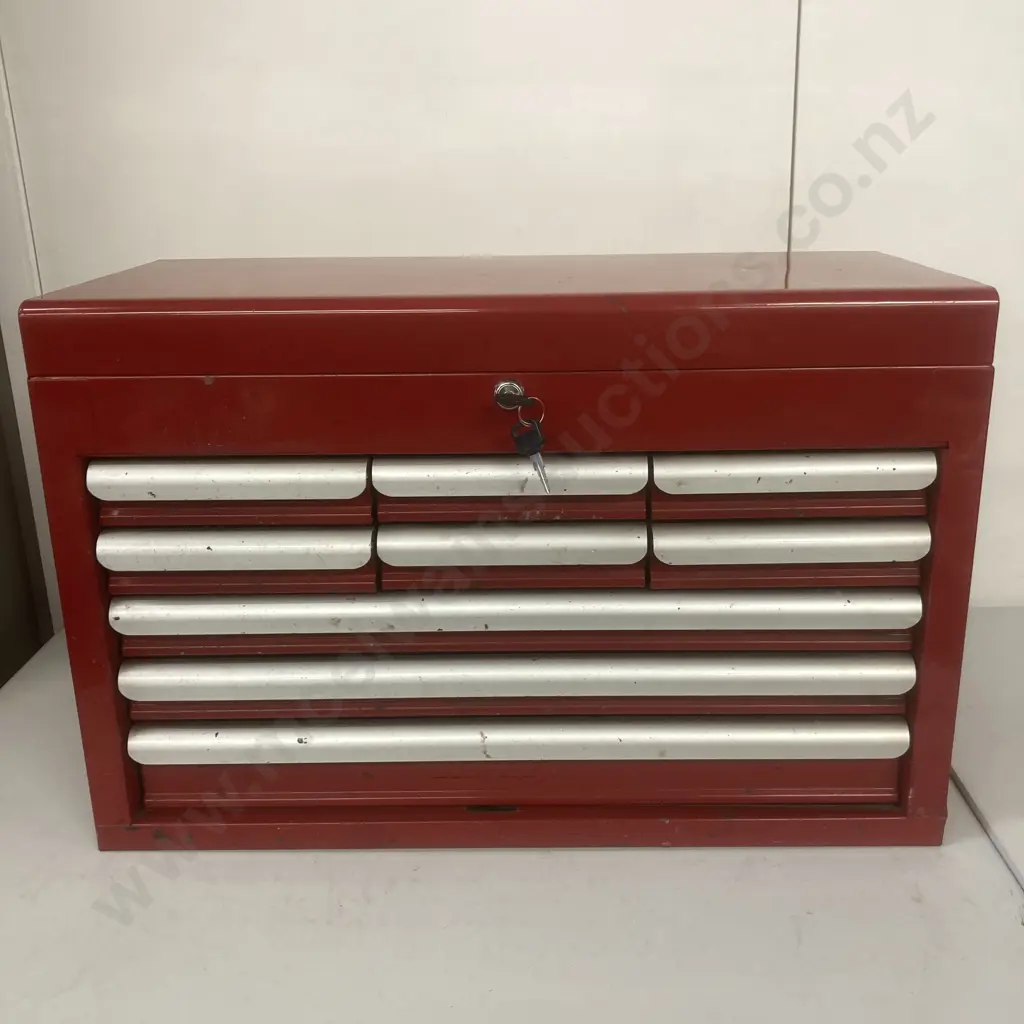 Red Steel Repco 9 Drawer & Top Tray Tool Chest With Tools, Two Keys, H43 W66 D31cm, Image 1++